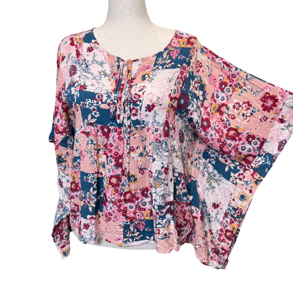 Savanna Jane Womens Top L Pink Floral Patchwork Kimono Sleeve Boho Babydoll